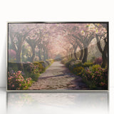 Framed acrylic wall art showcasing a vibrant landscape garden design, with a sleek silver frame enhancing the artwork's colors and details. Perfect for home decor.