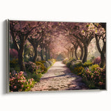 Framed canvas wall art showcasing a vibrant landscape garden design with intricate details and a sleek silver frame, perfect for enhancing interior decor.