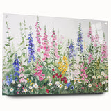 Acrylic glass wall art design showcasing a vibrant landscape garden scene, featuring vivid colors and intricate details, displayed with pins against a neutral background. This artwork adds an elegant touch to any modern home decor.