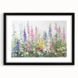 Black-framed wall art featuring a vibrant landscape garden design, showcasing lush greenery and colorful flowers, ideal for home decor enhancement.