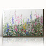 Framed acrylic wall art featuring a vibrant landscape garden design with a gold frame, showcasing colorful floral elements and serene natural scenery. Ideal for enhancing home decor and adding a touch of elegance to any room.