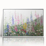 Framed acrylic wall art showcasing a vibrant landscape garden design, presented in a sleek white frame, ideal for enhancing modern home decor. This artistic piece adds a touch of nature-inspired elegance to any room.