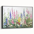 Framed canvas wall art showcasing a vibrant landscape design with lush gardens and serene scenery, presented in a sleek black frame, perfect for home decor.