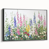 Framed canvas wall art showcasing a vibrant landscape design with lush gardens and serene scenery, presented in a sleek black frame, perfect for home decor.