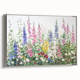 Framed canvas wall art showcasing a serene landscape garden design with vibrant colors and intricate details, displayed in a sleek silver frame, perfect for home decor.