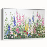 Framed canvas wall art featuring a vibrant landscape garden design, showcasing lush greenery and colorful flowers, perfect for enhancing home decor.