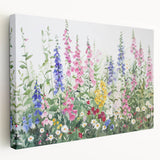 Stretched canvas artwork showcasing a vibrant landscape garden design, featuring intricate details and rich colors, ideal for enhancing home decor.