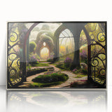 Framed acrylic wall art showcasing a vibrant garden landscape design, featuring rich green foliage and colorful flowers, ideal for home decor enhancement.