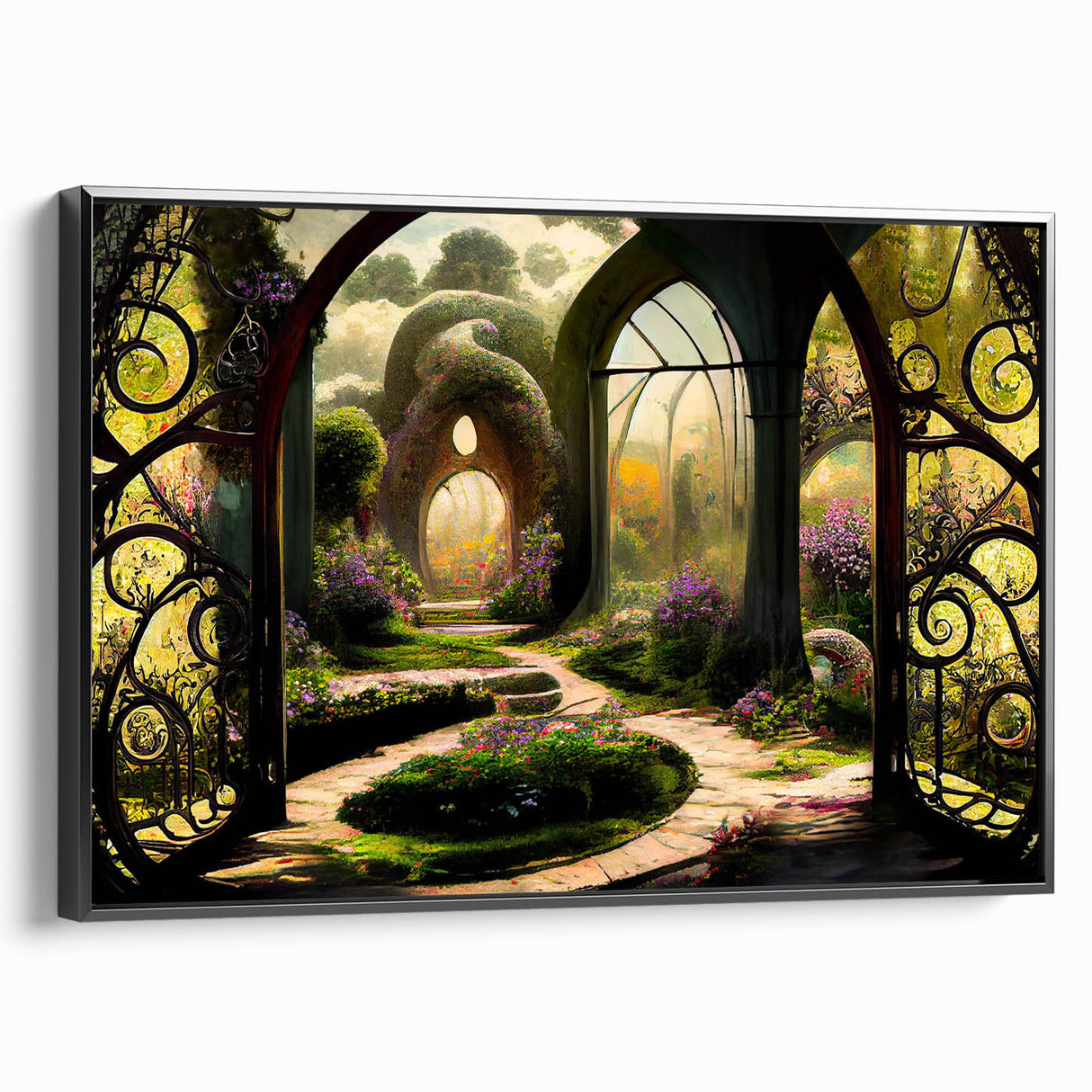 Framed canvas wall art showcasing a vibrant landscape garden design with rich colors and intricate details, displayed from a black side view, ideal for home decor.