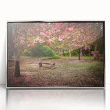 Framed acrylic wall art showcasing a vibrant landscape garden design, featuring lush greenery and colorful flowers, presented in a sleek silver frame for an elegant touch.