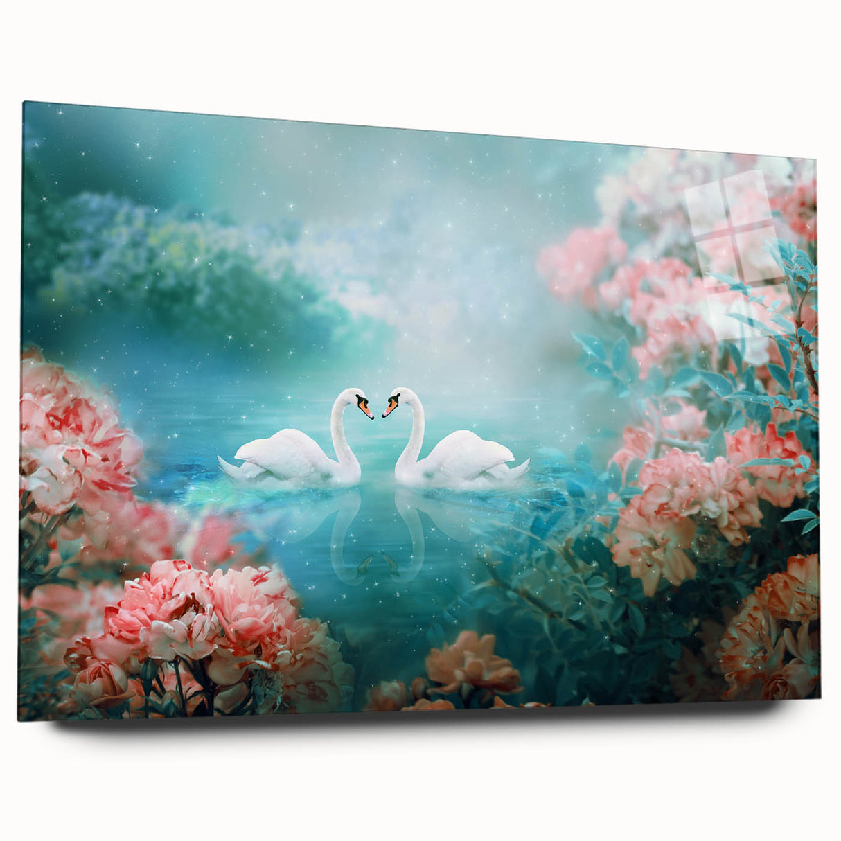 Acrylic glass wall art piece showcasing a vibrant landscape garden design, emphasizing lush greenery and colorful flowers, ideal for modern home decor.
