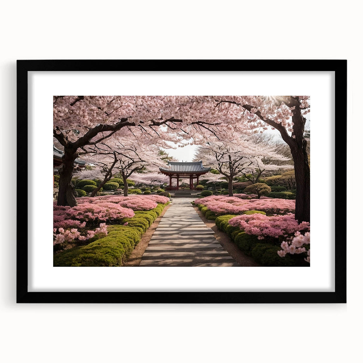 Framed wall art collection featuring a vibrant landscape and garden design in a sleek black frame with a white mat, ideal for home decor and interior aesthetics.