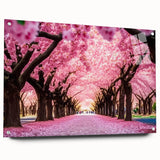 Acrylic wall art collection showcasing vibrant landscapes and garden designs, displayed in a modern setting with decorative pins, perfect for home decor.