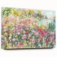 Acrylic glass wall art showcasing a vibrant garden landscape design, displayed from a side view with decorative pins, perfect for enhancing interior spaces.