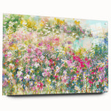 Acrylic glass wall art showcasing a vibrant garden landscape design, displayed from a side view with decorative pins, perfect for enhancing interior spaces.