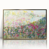 Framed acrylic wall art featuring a modern landscape garden design with gold accents, showcasing vibrant colors and intricate details, ideal for home decor.