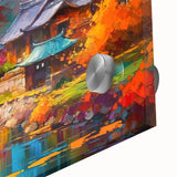 Close-up of a vibrant acrylic glass wall art piece depicting a lush garden landscape, featuring intricate details and rich colors, perfect for home decor.