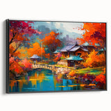 Framed canvas wall art showcasing a vibrant landscape garden design, featuring lush greenery and colorful flowers, presented in a sleek black frame for an elegant touch.