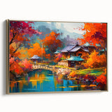 Framed canvas art showcasing a serene landscape garden design with vibrant colors and intricate details, featuring a gold frame that enhances its elegance.