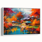 Framed canvas wall art depicting a serene landscape garden design with vibrant colors, showcased from a side view against a white background, ideal for home decor.
