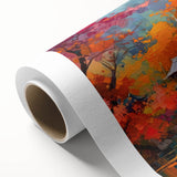 Rolled canvas artwork showcasing a vibrant, abstract landscape design in earthy tones, elegantly packaged in a protective cardboard tube for safe delivery.