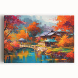 Stretched canvas artwork showcasing a vibrant landscape garden design with lush greenery and colorful flowers, ideal for enhancing interior decor. This wall art piece adds a serene touch to any space.