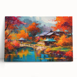 Stretched canvas artwork showcasing a vibrant landscape garden design, featuring lush greenery and colorful flowers, perfect for home decor or office enhancement.