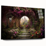 Acrylic glass wall art collection showcasing a vibrant landscape garden design, viewed from the side, highlighting rich colors and intricate details, perfect for home decor.
