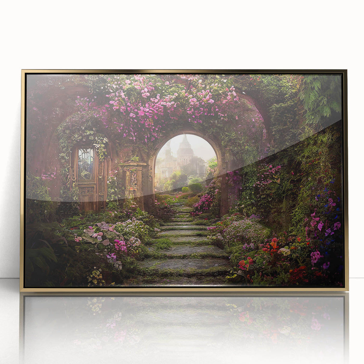 Framed wall art collection featuring a vibrant landscape garden design with gold accents, showcasing intricate details and a modern aesthetic, perfect for home decor.