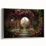Framed canvas wall art collection showcasing a serene landscape garden design with intricate details, featuring a silver frame that enhances the artwork's elegance.