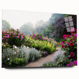 Side view of a modern acrylic glass wall art piece showcasing a vibrant landscapes and gardens design, perfect for enhancing home decor with its colorful and serene aesthetic.