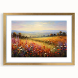 Framed landscape wall art design showcasing a vibrant garden scene with gold matting, ideal for home decor, enhancing any interior space with nature's beauty.