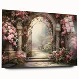 Acrylic glass wall art showcasing a vibrant landscape garden design, featuring rich colors and intricate details, displayed from a side view without pins, perfect for modern decor.