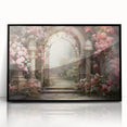 Framed acrylic wall art featuring a vibrant landscape garden design, showcasing lush greenery and colorful flowers, set against a sleek black frame for modern decor.