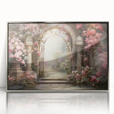 Framed wall art collection showcasing a serene landscape garden design with vibrant colors, featuring a silver-acrylic frame that enhances its elegance.