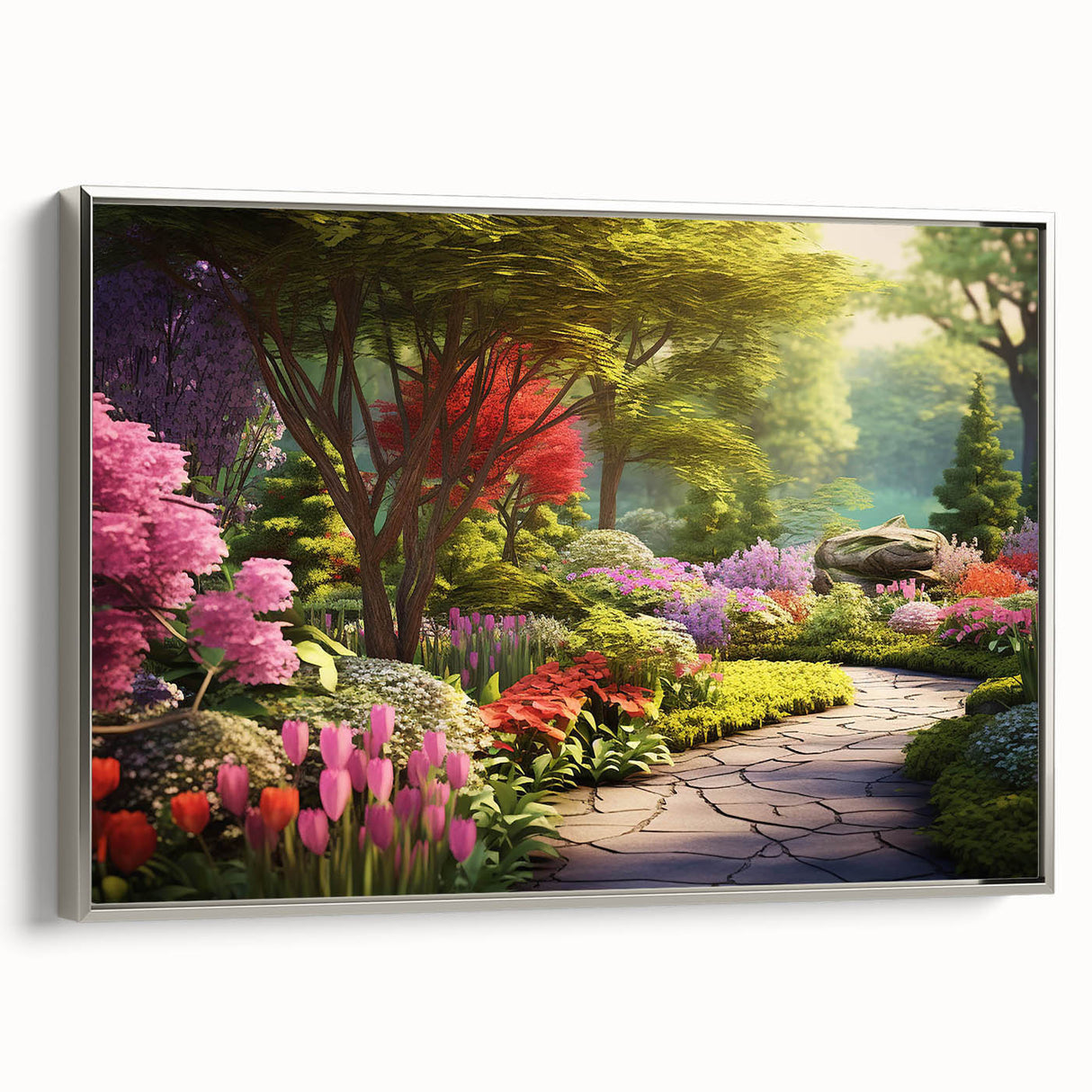 Framed canvas wall art showcasing a serene landscape design with lush greenery and vibrant flowers, elegantly presented in a silver frame, perfect for enhancing interior decor.