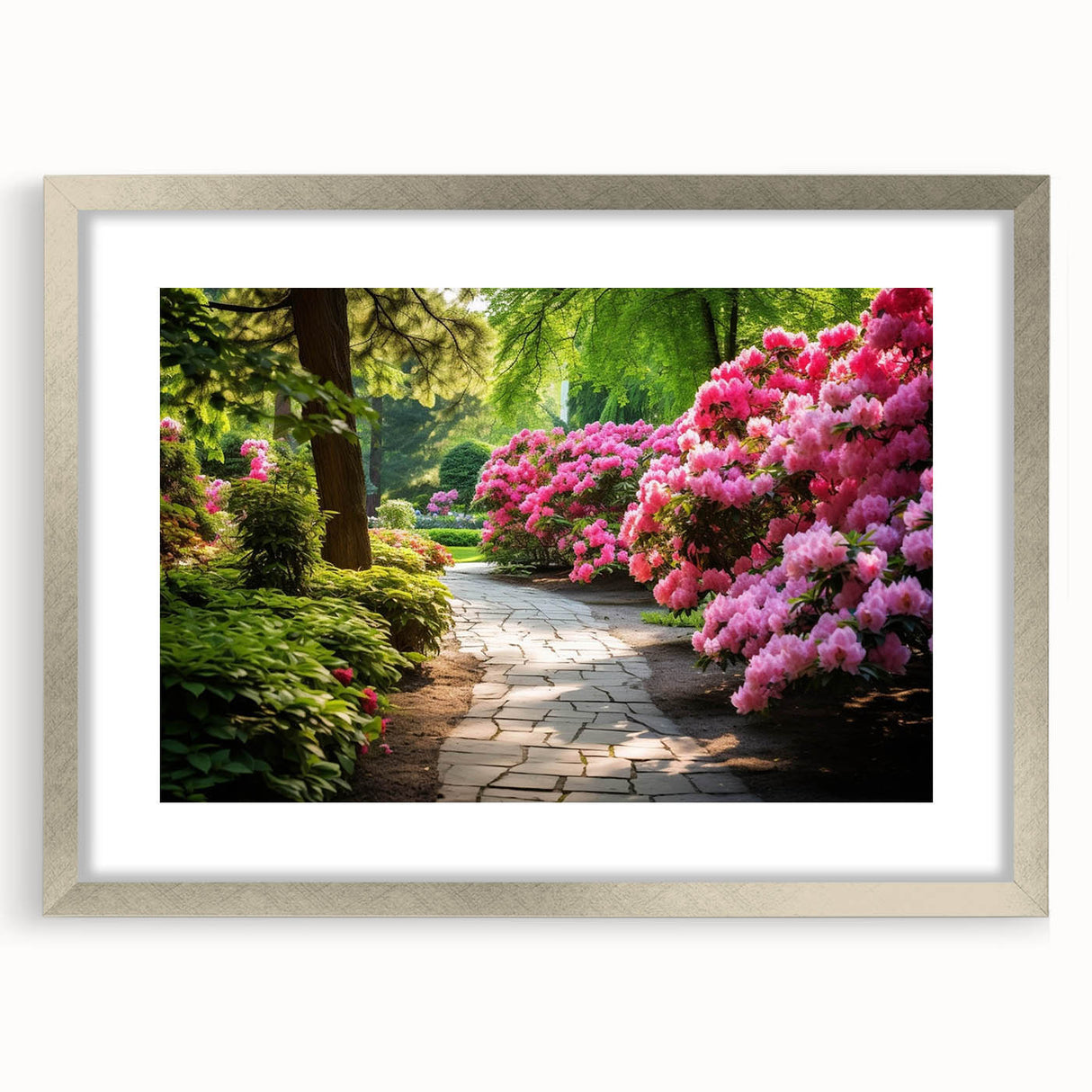Framed wall art collection showcasing a serene landscape garden design with a silver mat, perfect for enhancing home décor and creating a calming atmosphere.
