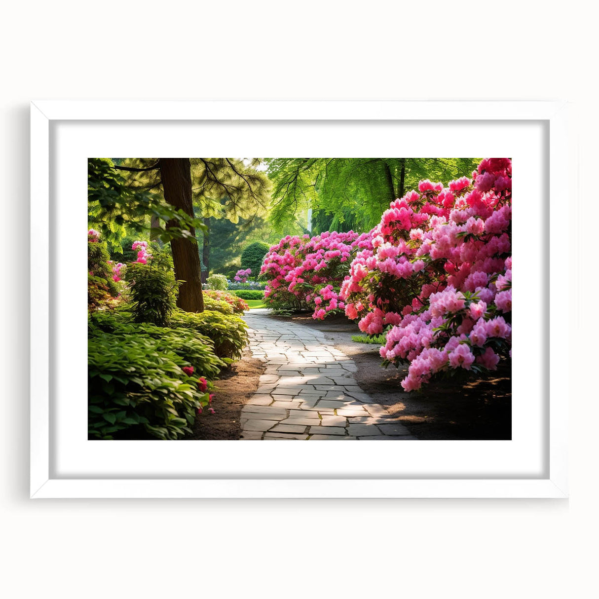 Framed wall art collection showcasing a vibrant landscape garden design, featuring a white mat and sleek frame, ideal for home decor enhancement.
