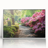 Framed acrylic wall art featuring a serene landscape garden design in vibrant colors, displayed from the front with a sleek white frame, perfect for home decor.