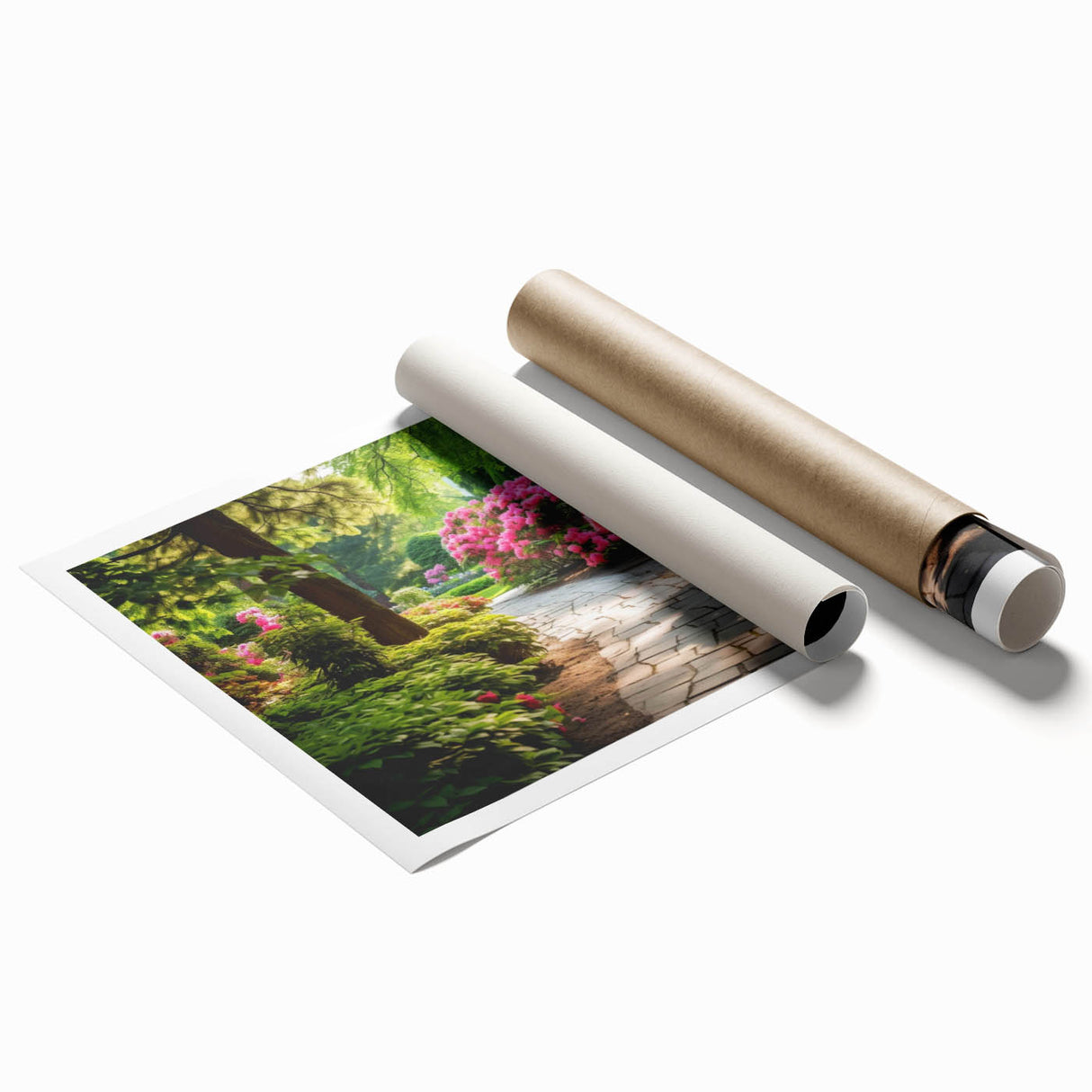 Vibrant landscape wall art print showcasing a serene garden scene with lush greenery and colorful flowers, rolled for easy transport and display. Perfect for home decor.