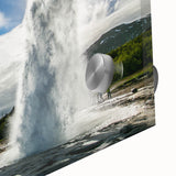 Close-up of a vibrant acrylic glass wall art piece showcasing a stunning geyser landscape design, featuring rich colors and intricate details, perfect for modern home decor.