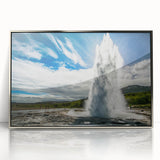 Framed acrylic wall art featuring a vibrant landscape design of a geyser, showcasing rich colors and intricate details, perfect for modern home decor.