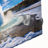 Close-up of a vibrant acrylic glass wall art piece showcasing a colorful geyser landscape design, perfect for modern home decor, emphasizing natural beauty and artistic expression.