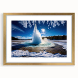 Elegant gold-framed wall art featuring a geyser landscape design, showcasing vibrant colors and intricate details, perfect for enhancing home decor.