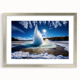 Framed wall art featuring a geyser landscape design in a silver frame with a mat, showcasing vibrant colors and intricate details, perfect for home decor.