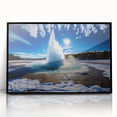 Framed wall art featuring a vibrant geyser design, showcasing dynamic colors and intricate details, set against a sleek black frame, ideal for modern decor.