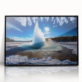 Framed wall art featuring a vibrant geyser design, showcasing dynamic colors and intricate details, set against a sleek black frame, ideal for modern decor.