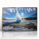 Framed acrylic wall art featuring a stunning geyser landscape design in gold, perfect for enhancing modern home decor. Ideal for accentuating living spaces with natural beauty.