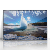 Framed acrylic wall art showcasing a vibrant geyser landscape design in a sleek white frame, perfect for modern home decor. Ideal for adding a touch of nature to any room.