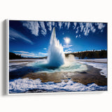 Framed canvas wall art showcasing a vibrant geyser landscape design, featuring bold colors and intricate details, presented in a sleek white frame for modern decor.